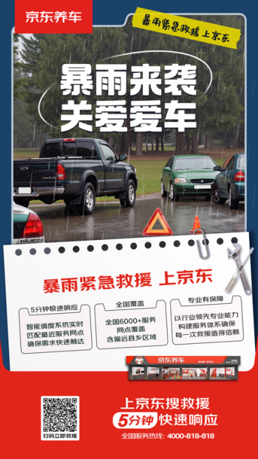 特大暴雨致多地车辆受困 京东养车全国超6000家救援服务网点提供紧急救援